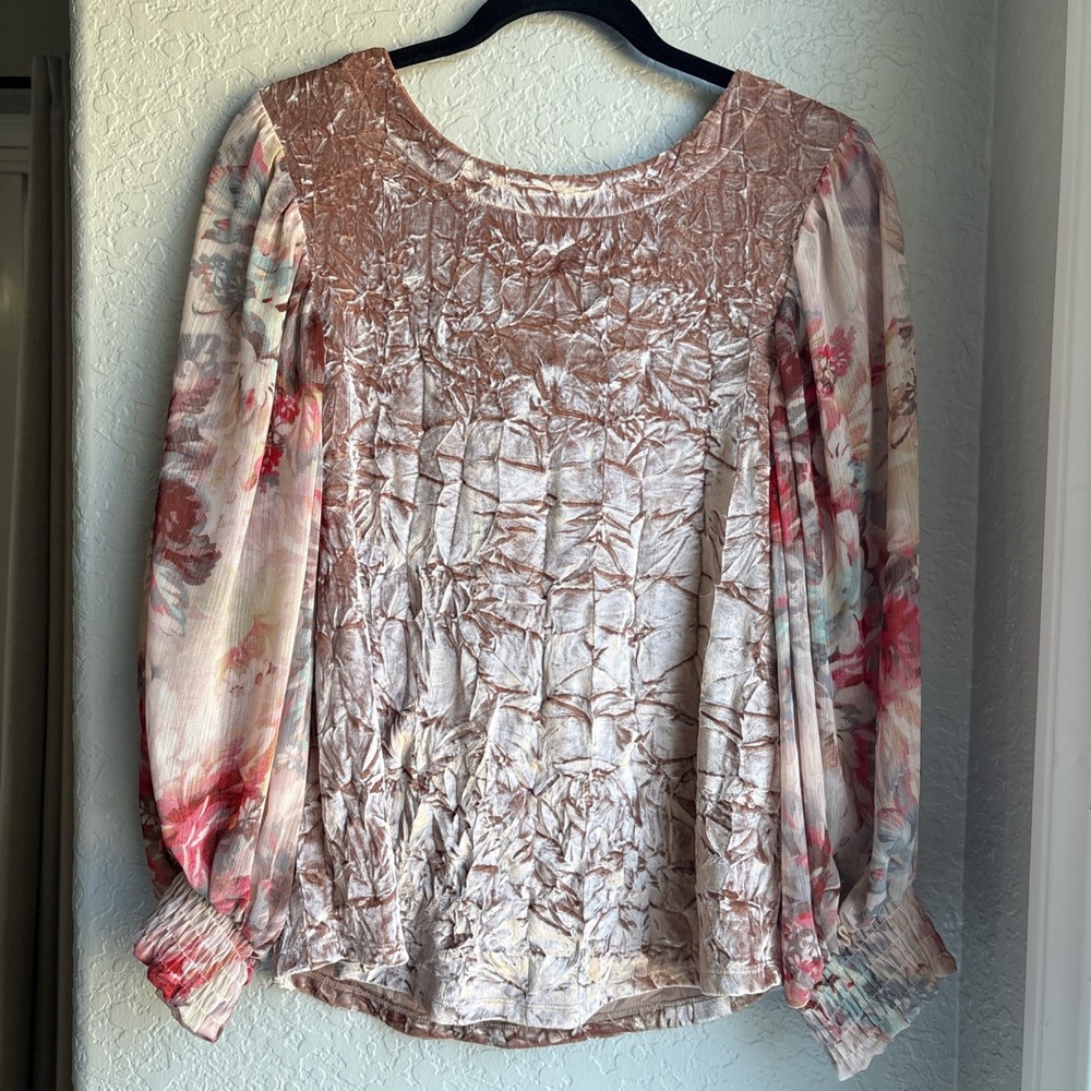 Meadow Rue Anthropologie XS Blouse Pink Velvet Floral‎ Sheer Balloon Sleeve Chic